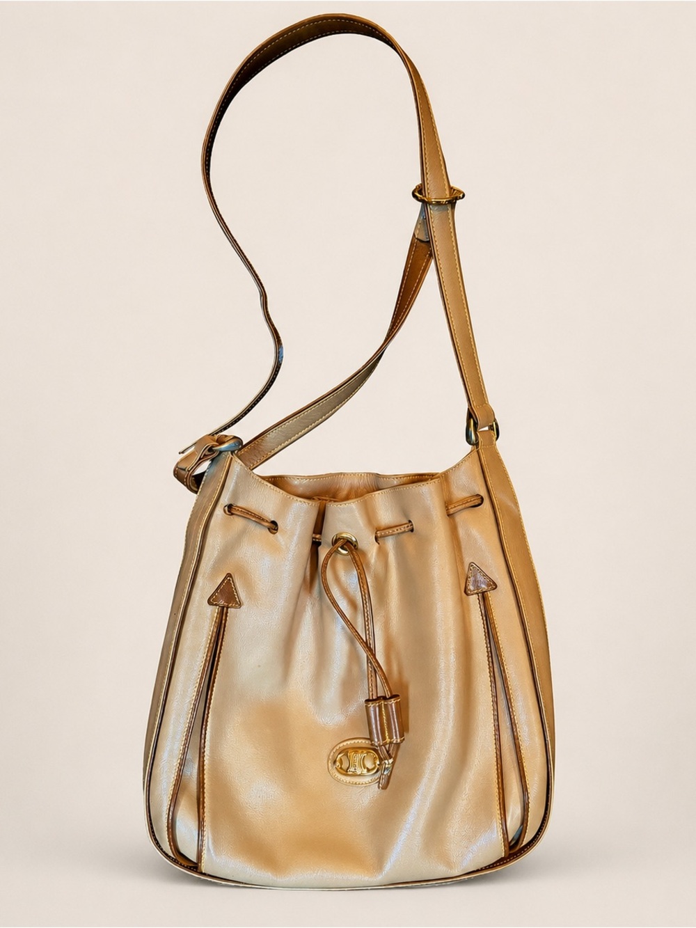 Vintage CELINE Triomphe Tan Beige Leather Bucket Bag Drawstring Crossbody